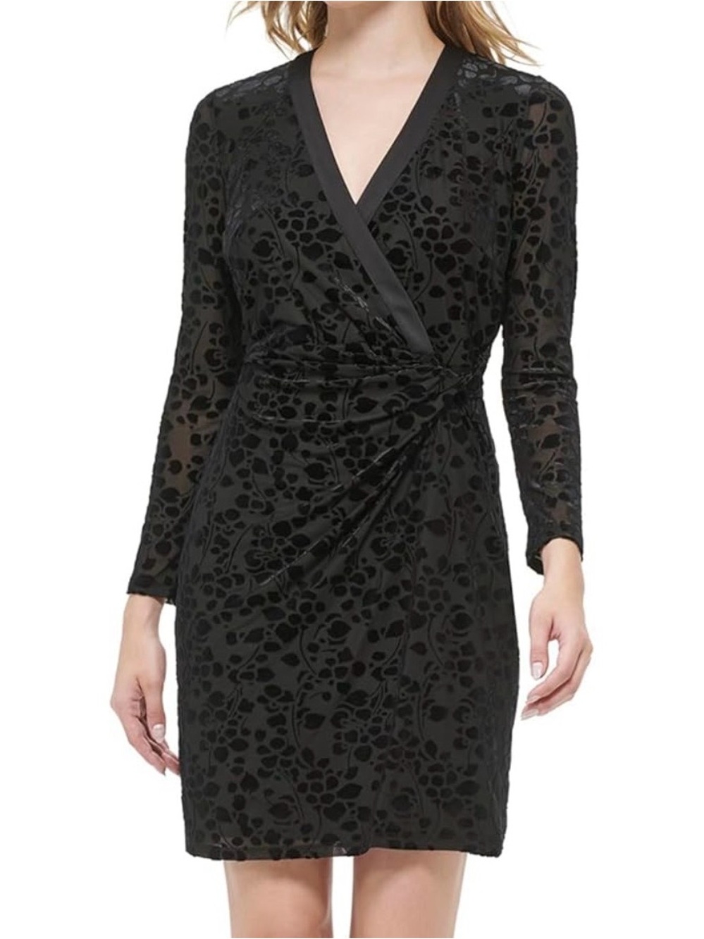 Tommy Hilfiger Black Velvet Burnout Faux Wrap Dress Sheer Long Sleeve Floral 12